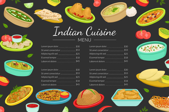 Indian Traditional Food Menu Template, National Cuisine Dishes, Restaurant or Cafe Brochure, Delicious Food Menu Cover Vector Illustration