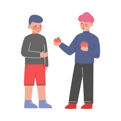 Cute Boy Sharing Apples with His Friend, Polite and Kind Kids, Good Manners Concept Vector Illustration