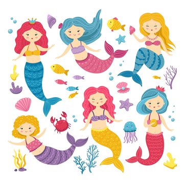 Cartoon mermaids. Cute princess clipart, mermaid and ocean animal. Kawaii fairyland stickers for scrapbook. Isolated sea fairies vector set. Girl princess underwater, woman young illustration