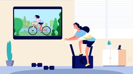 Fototapeta premium Home sport. Woman training in living room. Cycling on TV, girl on exercise bike. Online video sports lesson vector illustration. Training cycling at home, fitness and workout