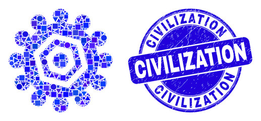 Geometric gear mosaic icon and Civilization seal stamp. Blue vector round grunge seal with Civilization phrase. Abstract mosaic of gear done of spheric, triangles, square geometric spots.
