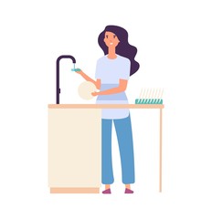 Cleaning kitchen. Woman washing dishes, dirty plate in female hands. Flat housewife, cute girl doing housework vector illustration. Housewife washing utensil, housekeeping chore
