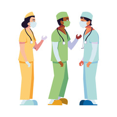 female and male doctors with uniforms and masks vector design