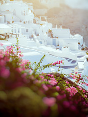 Santorini traditional white cave house on island. Santorini, Cyclades, Greece. Amazing sunset view