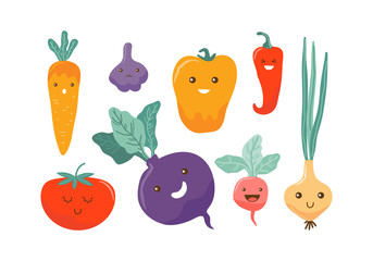 Cute colored cartoon vegetable characters. Funny kawaii food characters. Flat icons pepper, carrot, tomato, onion, beetroot, radish, garlic. Healthy foods concept illustration vector for children.