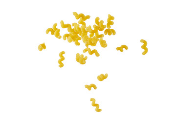 Italian flying raw pasta isolated on white background. macaroni cellentani falling.