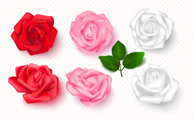 Set of rose buds on a transparent background. 3D flowers for cards, banners, invitations. Vector illustration. - obrazy, fototapety, plakaty