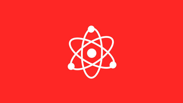 New white atom icon on red background,technology icons
