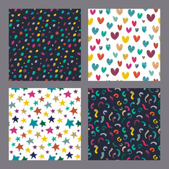 Collection of vector colorful abstract holiday seamless pattern. Stars, flag garland, confetti, heart with hand drawn texture.