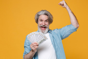 Happy elderly gray-haired mustache bearded man in blue shirt isolated on yellow background. People lifestyle concept. Mock up copy space. Hold fan cash money in dollar banknotes, doing winner gesture.
