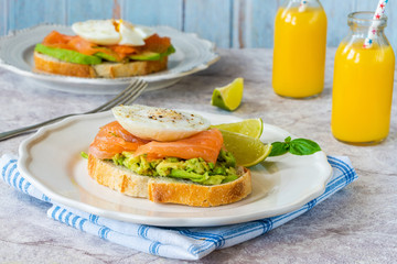 Poached egg, salmon and avocado open sandwich