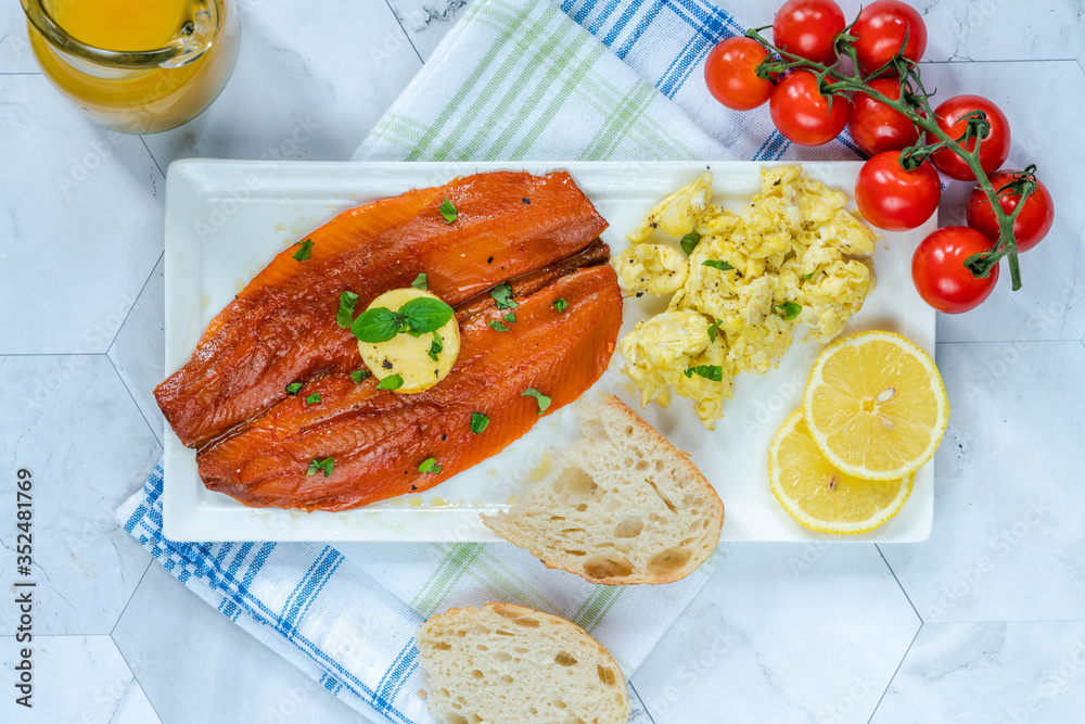 Sticker Smoked kipper brunch with scrambled egg and tomatoes - overhead view