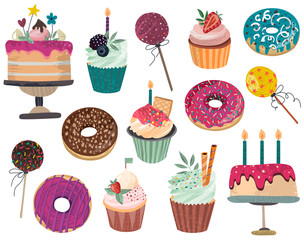 Vector collection of delicious dessert - donuts, cake, cupcakes, cake pops isolated on white background.