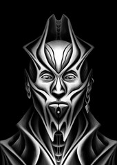 Obraz premium Character, alien, extraterrestrial organism, humanoid, with pointed ears, an earring in his ear, sharp forked chin, big lips, an unusual headdress and neck, in rough clothing with sharp collar, folds.