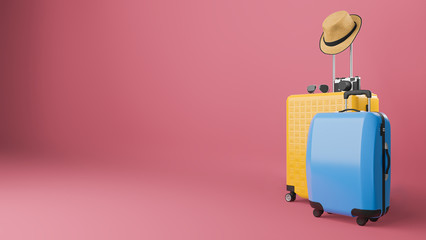 Yellow and blue suitcase with sun hat and glasses, camera on pastel background., travel concept.,3d illustration.