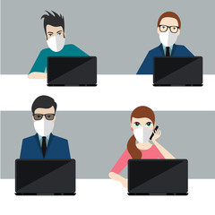 Business people in the office wear mask to prevent corona virus. Flat vector.