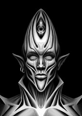 Fantasy character close up, alien, space elf, humanoid, with big eye on his forehead, long pointed head, large lips and an elongated chin, sharp, high collar, with folds and muscles, no background.