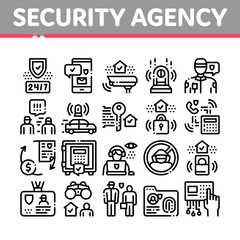 Security Agency Property Protect Icons Set Vector. Security Agency Service Video Monitoring Cctv And Car With Alarm Signal, Safe And Badge Concept Linear Pictograms. Monochrome Contour Illustrations