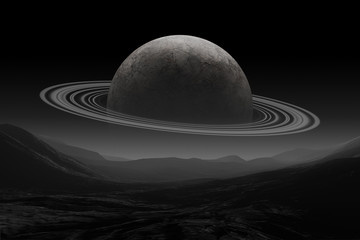 Fototapeta na wymiar science fiction space landscape with saturn over alien landscape, 3d illustration