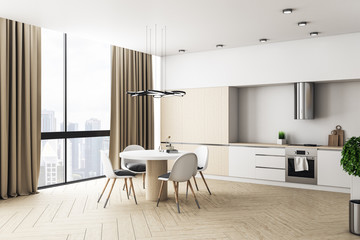 Concrete loft kitchen interior with furniture