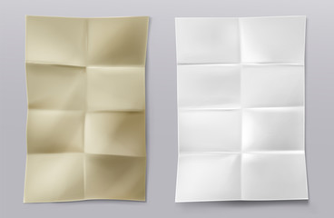 Folded blank paper sheets top view. Vector realistic mockup of white and kraft paper with crossing creases. Wrinkled leaflet, flyer, crumpled document pages isolated on gray background