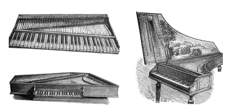 Antique keybord or piano musical instruments / Antique engraved illustration from Brockhaus Konversations-Lexikon 1908
