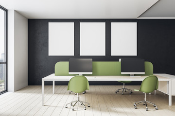 Contemporary coworking office with three empty banners
