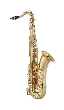 Golden Tenor Saxophone, Woodwind Music Instrument Isolated on White background