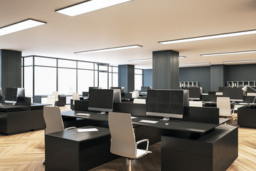 Coworking office interior with megapolis city view