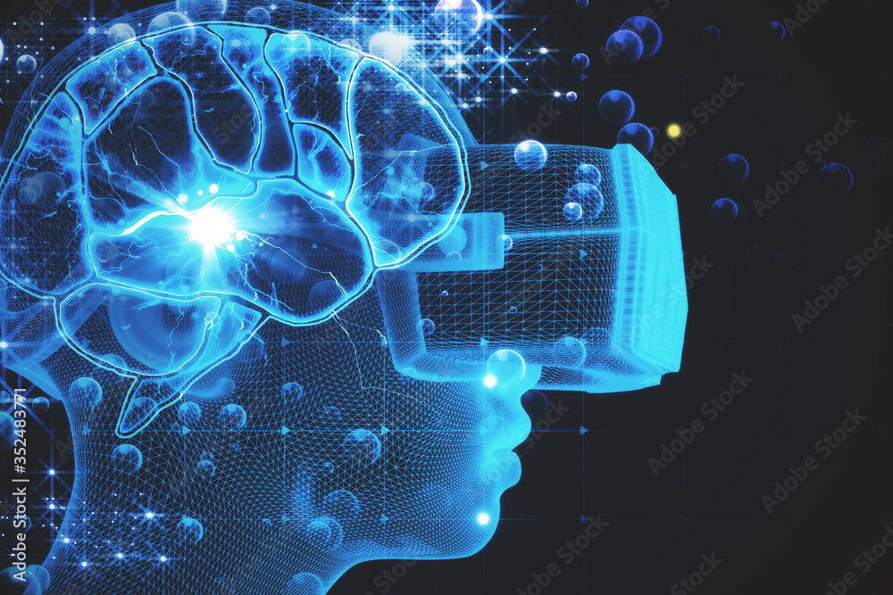 Poster abstract glowing circuit brain robot head