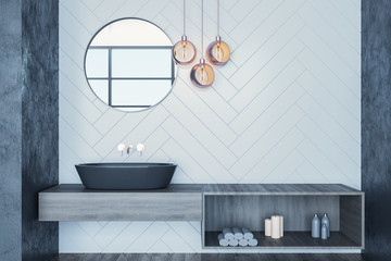 Luxury gray bathroom with mirror and comfortable washbasin.