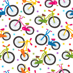 Colorful cartoon bicycles seamless pattern on white background