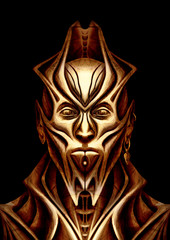 Character gold, alien, extraterrestrial organism, humanoid, with pointed ears, an earring, forked chin, big lips, headdress and bone neck, in rough clothing with sharp collar, folds, all in patterns