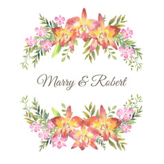 Water color pink orchids and cattleya orchid with green leaf botanical style bouquet on top and bottom, circle format, white background illustration vector. Suitable for wedding design elements.