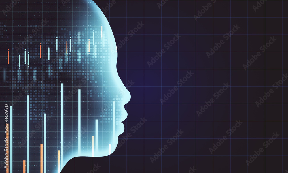 Aufkleber Creative forex chart backdrop with candlestick graph and glowing head. Technology and finance concept. 3D Rendering