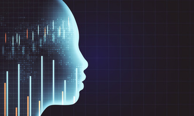 Creative forex chart backdrop with candlestick graph and glowing head. Technology and finance concept. 3D Rendering