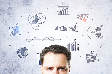 Businessman head and drawing global marketing plan