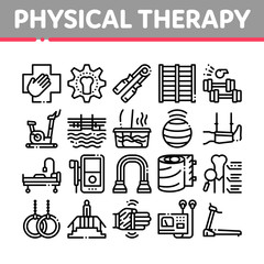 Physical Therapy And Recovery Icons Set Vector. Treadmill And Exercise Bike, Dumbbells And Ball Equipment For Physical Therapy Concept Linear Pictograms. Monochrome Contour Illustrations