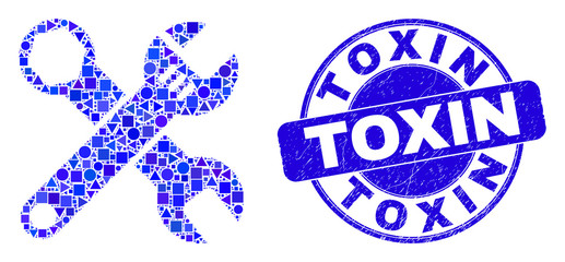 Geometric wrenches mosaic icon and Toxin stamp. Blue vector round scratched stamp with Toxin title. Abstract mosaic of wrenches composed of round, triangles, square geometric elements.