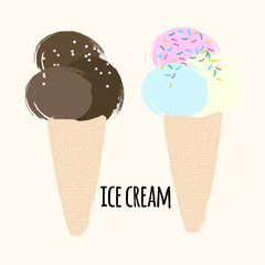 Vector illustration the ice cream cone in cartoon style on light