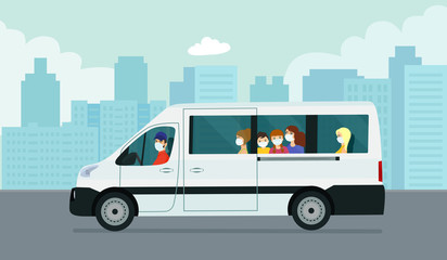 Van car with passengers against the background of an abstract cityscape. Vector flat style illustration. © lyudinka