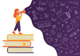 English. Girl on stack of books talking to megaphone with language doodle on white background. Female speaker. Teaching, translating, learning, education concept. © N.Savranska
