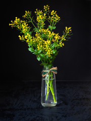 Bouquet of yellow colza in a glass bottle on a black background