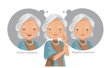 elderly women. Feelings, emotions, gestures in the opposite state. Mental health problems, normal conditions, stress and relaxation conditions, suffering and happiness