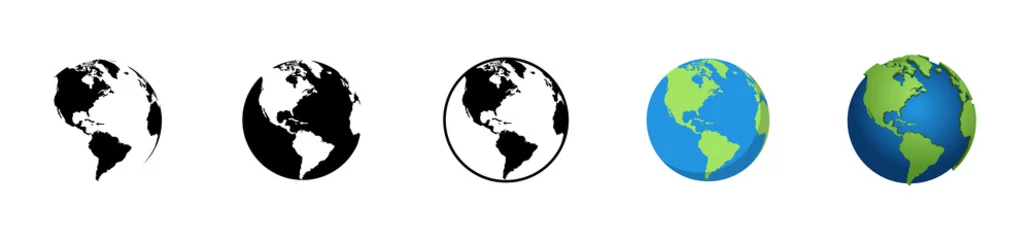 Fotobehang Earth Globe in verschillende uitvoeringen. Wereldkaart in cirkel. Earth Globes-collectie. Wereldkaart in moderne eenvoudige stijlen. Earth-kaart, geïsoleerd op een witte achtergrond. Wereldbol web icoon. vector illustratie © smile3377