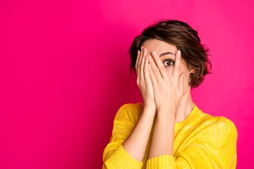 Fotobehang Close-up portrait of her she nice-looking attractive lovely pretty terrified scared girl hiding face in palms hands feeling fear isolated bright vivid shine vibrant pink fuchsia color background © deagreez