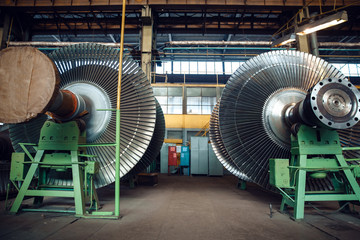 Impellers with vanes on turbine factory, nobody - obrazy, fototapety, plakaty