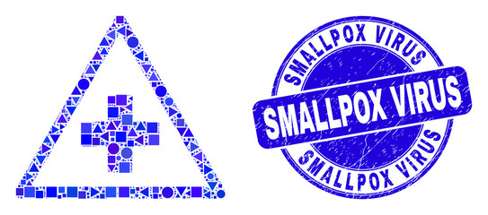 Geometric medical warning triangle mosaic pictogram and Smallpox Virus seal stamp. Blue vector round scratched seal with Smallpox Virus text.