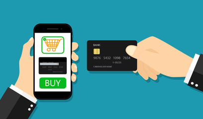 Card for online payment from mobile app. Hand with smartphone and credit buy. Internet transaction in phone of customer. Service of contactless pay in shop. Checkout in store from cellphone. Vector