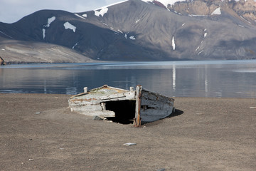 Antarctic abandoned settlement on subantarctic islands on a clear winter day
